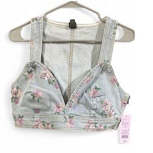 Wild Fable Floral Denim Top with Pink and Green Accents